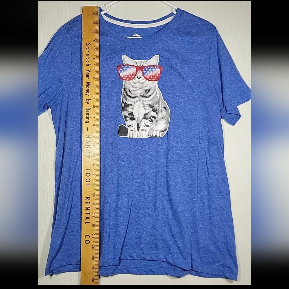 Way To Celebrate Blue T-Shirt Graphic USA Cat w/Sunglasses Size Xl - Picture 3 of 7